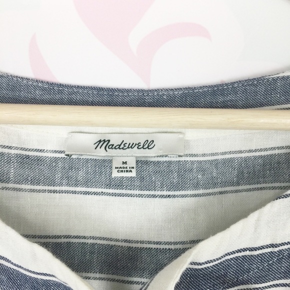 Madewell Nautical Blue Cream Ivory Stripe Linen Lace Up Blouse M - Picture 5 of 8